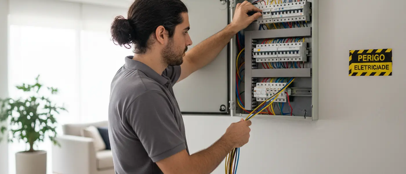 Quadro de distribuição elétrica residencial sendo instalado por eletricista certificado no Brasil