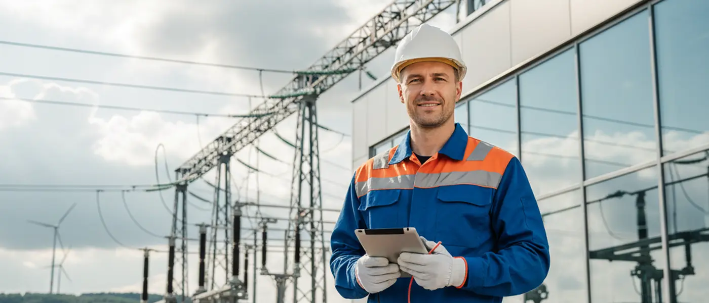 Eletricista brasileiro com equipamento de segurança inspecionando painel elétrico residencial em São Paulo