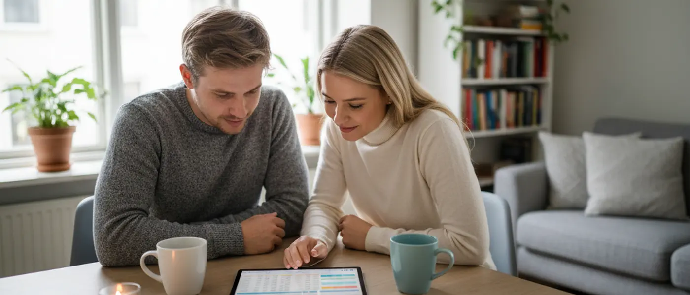 Svenskt par granskar sin hushållsbudget på en surfplatta vid köksbordet i en skandinavisk lägenhet
