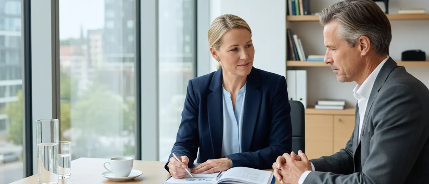 Finansiell rådgivare möter en klient vid ett skrivbord i ett ljust svenskt kontor med dokument och diagram