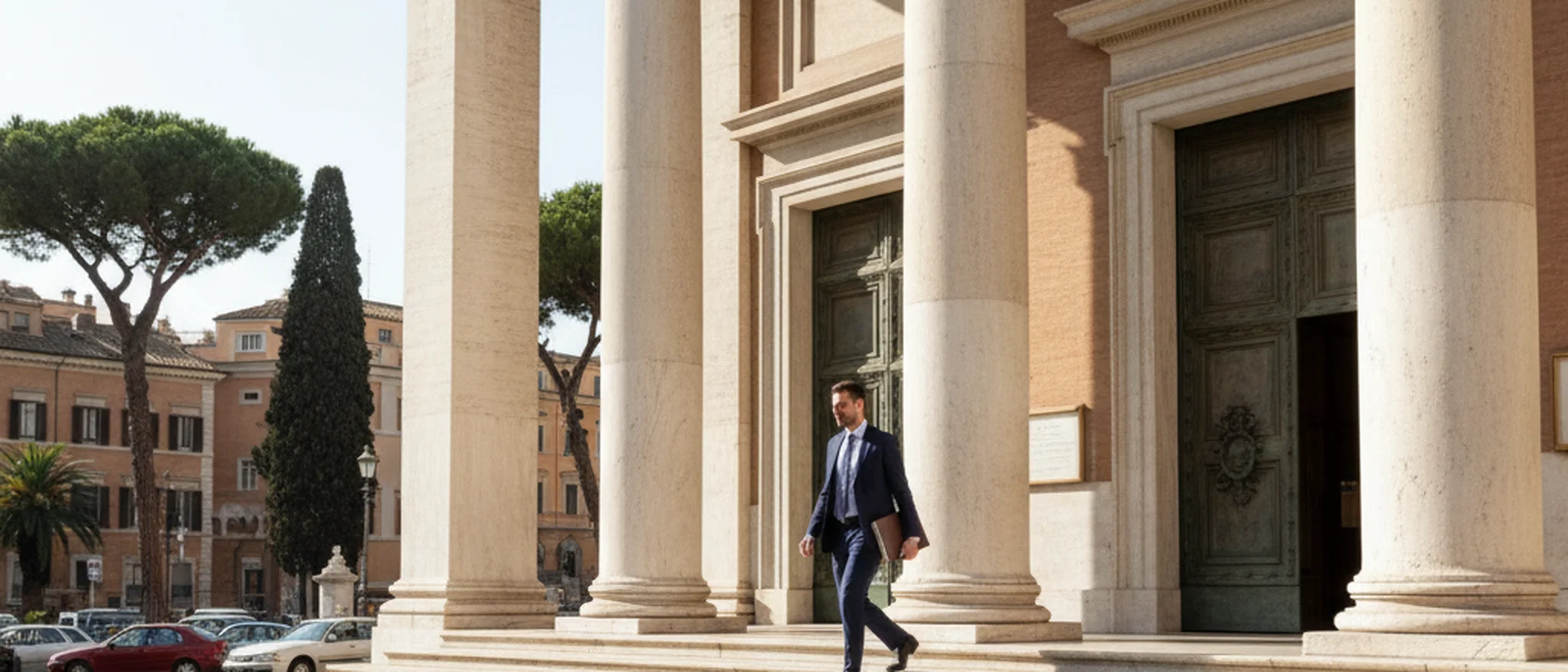 Ingresso di un tribunale italiano con colonne classiche e una persona che sale le scale con una cartella