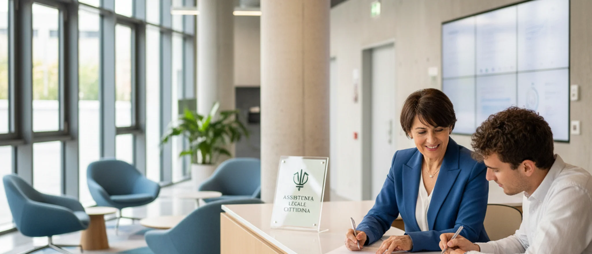 Sportello di un ufficio comunale italiano con un impiegato che aiuta un cittadino a compilare un modulo