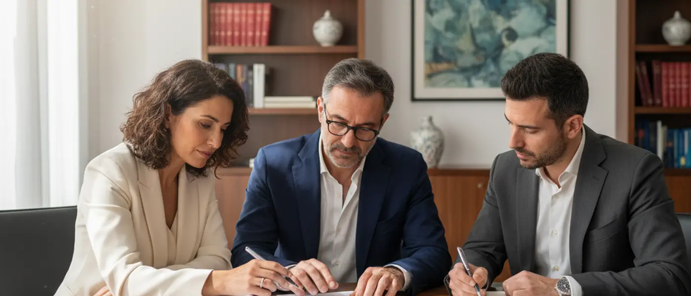 Coppia italiana che esamina un accordo legale al tavolo di un mediatore familiare