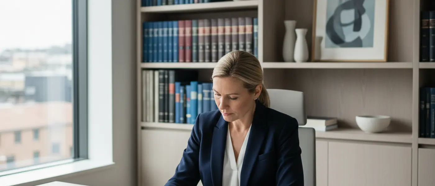 Familjerättsadvokat granskar dokument i ett vårdnadsärende vid sitt skrivbord med juridiska böcker i bakgrunden