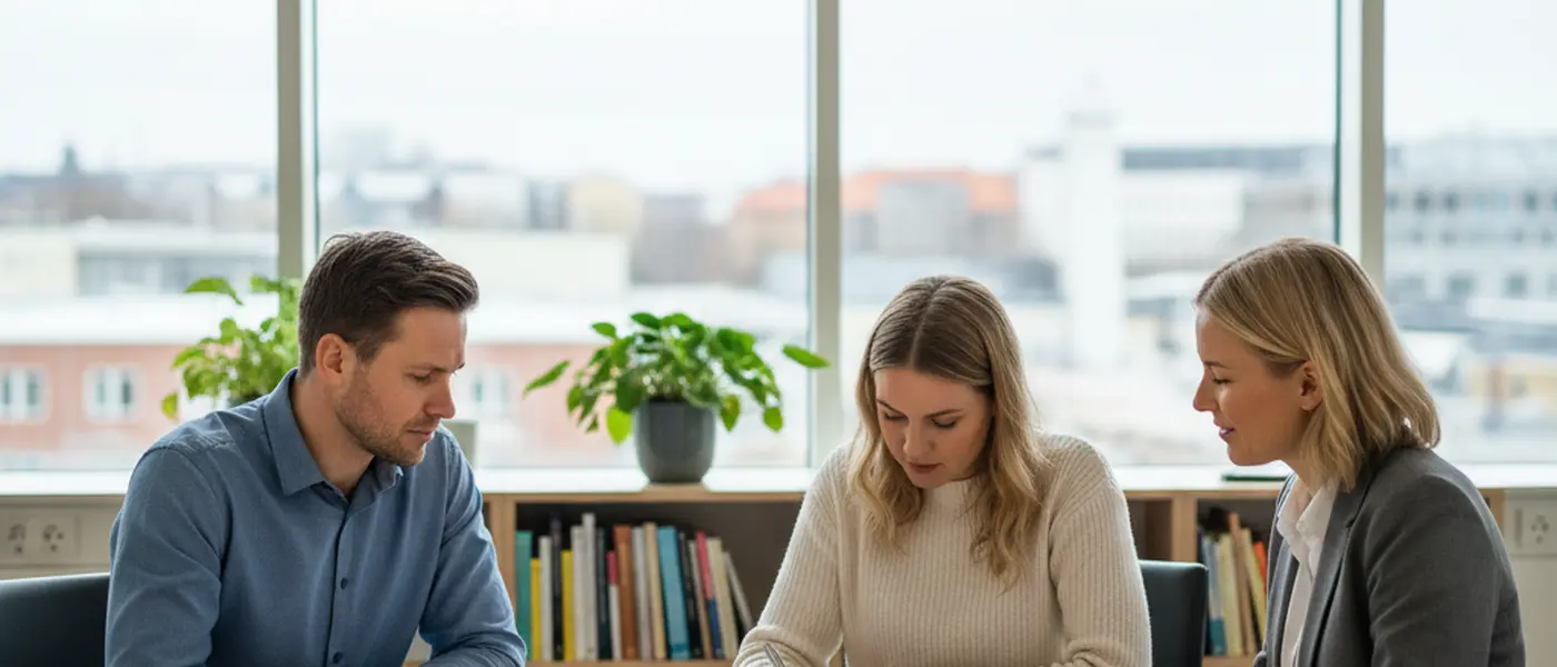 Två föräldrar undertecknar ett avtal hos familjerätten med en medlare i ett ljust svenskt kontor