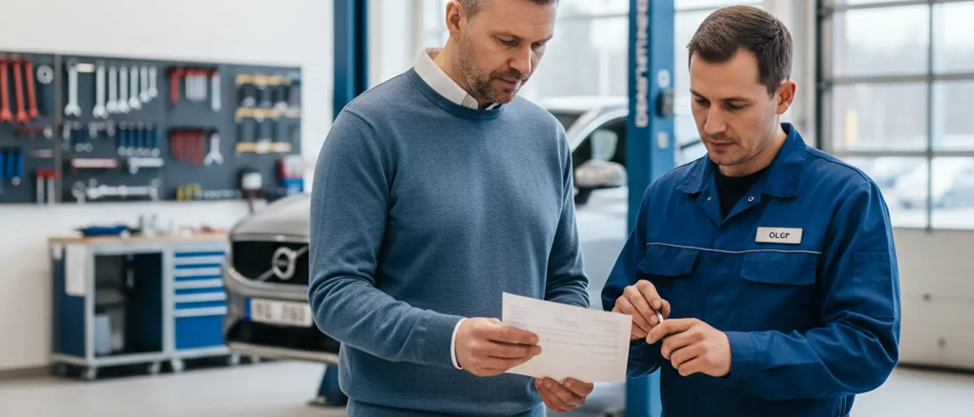 Bilägare granskar en servicefaktura vid receptionen i en svensk bilverkstad