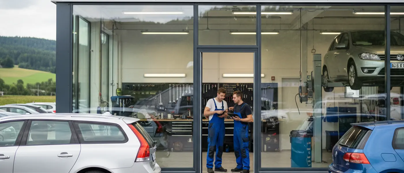 Svensk bilmekaniker inspekterar undersidan av en Volvo på en hydraullyft i en modern verkstad