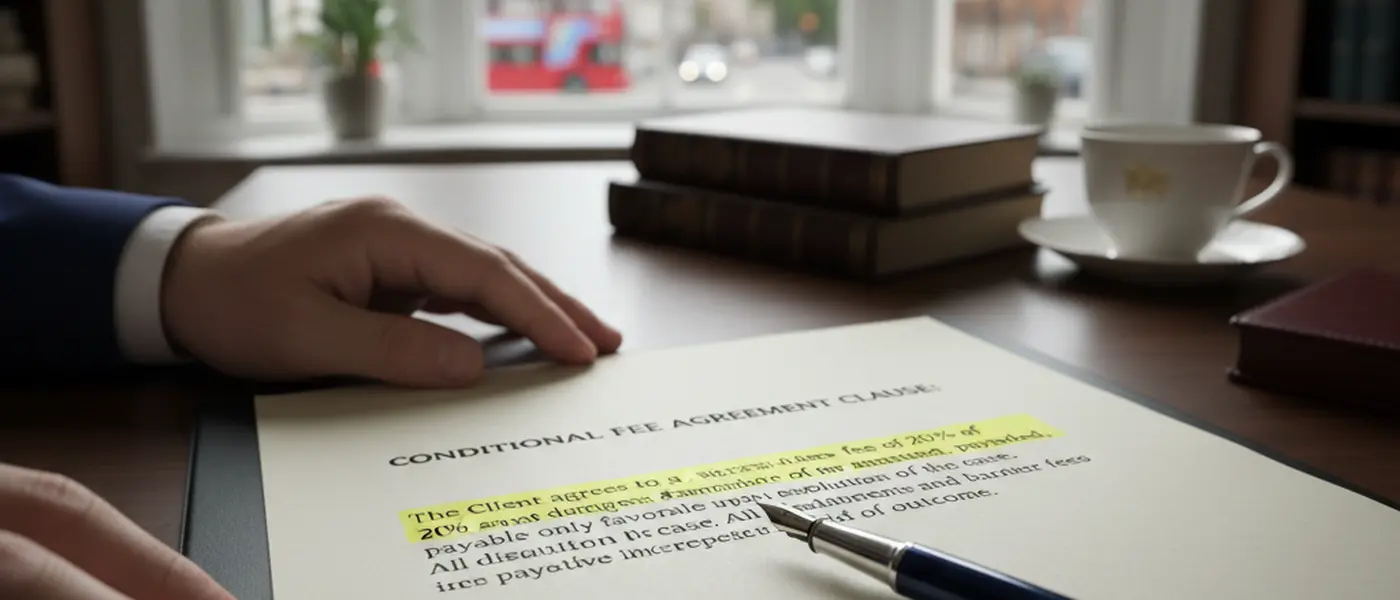 Woman reviewing conditional fee agreement documents with a solicitor in a London law office