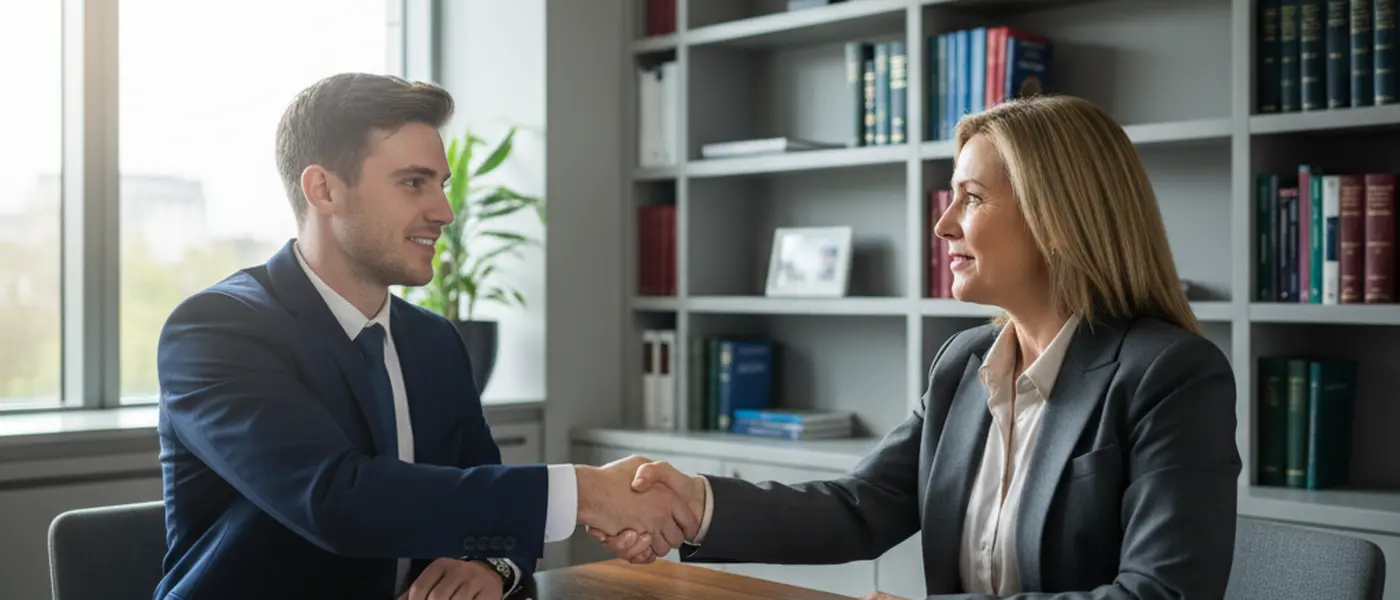Client shaking hands with a solicitor after settling a legal claim in a British office