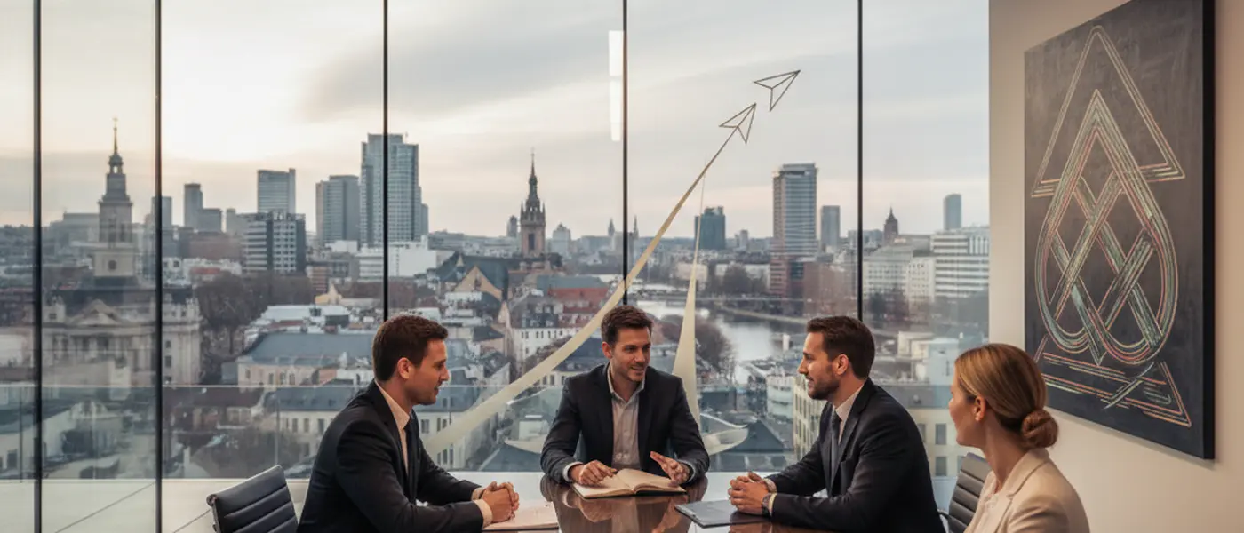 British woman reviewing legal documents with a solicitor in a modern law office