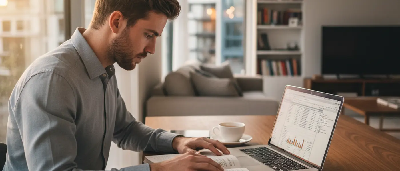 Accountant studying CPA exam materials at a desk in a modern UK flat with textbooks and laptop