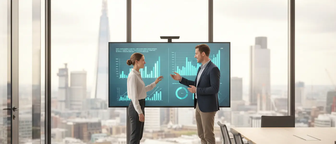 Finance professionals discussing charts in a UK corporate boardroom with city skyline through glass walls