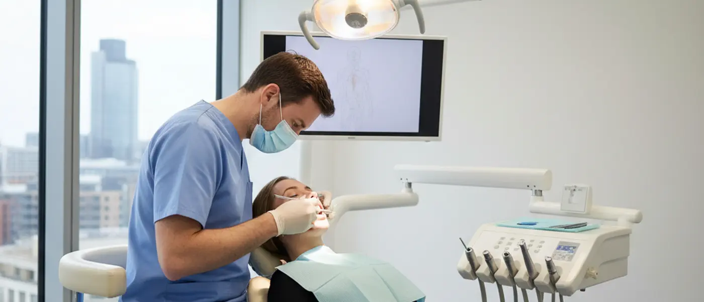 Dentist examining a patient in a modern UK dental practice with clinical equipment and overhead light