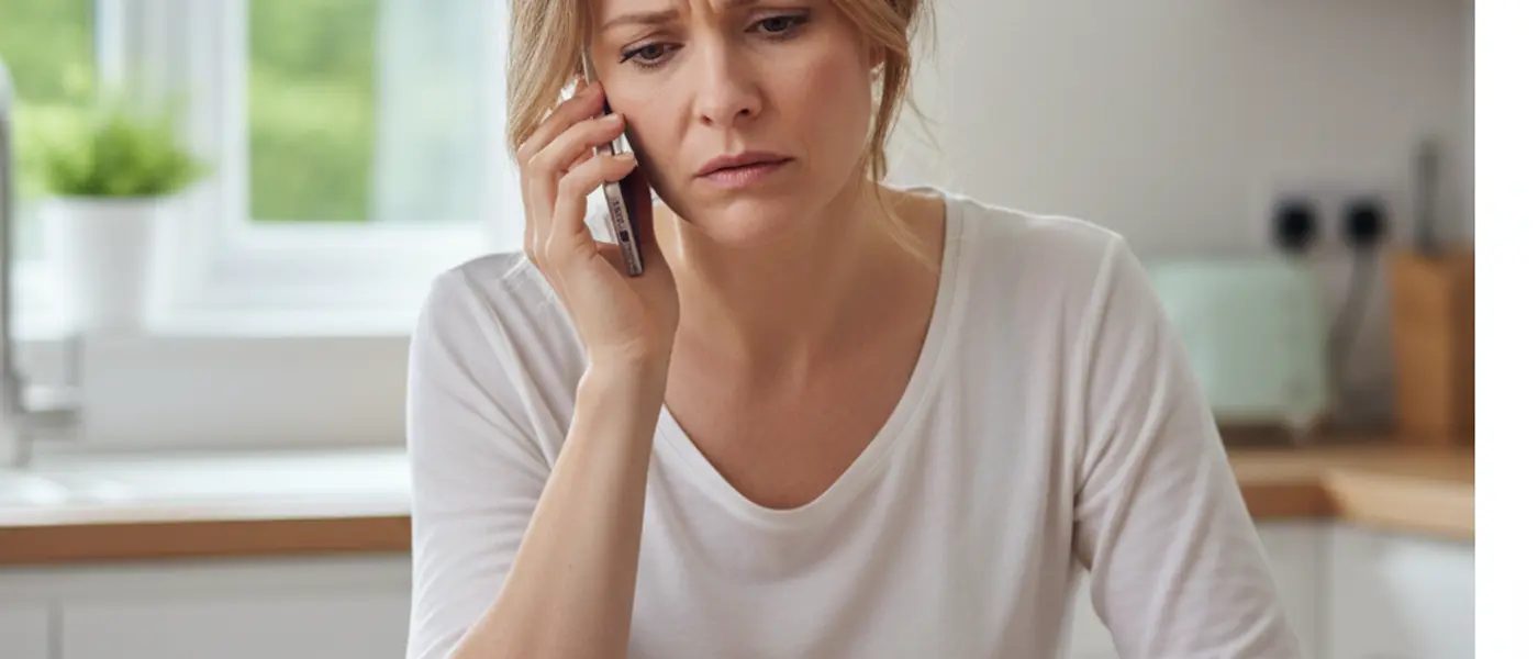 Person calling NHS 111 on a mobile phone at a kitchen table with a concerned expression