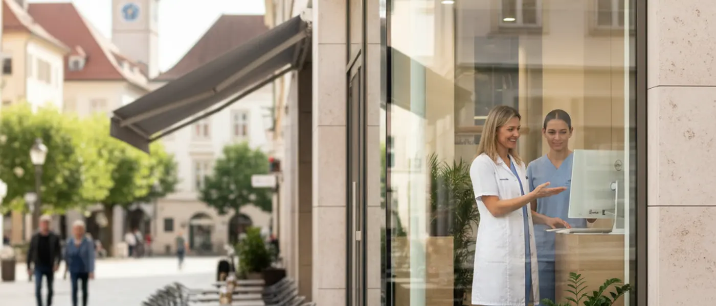 Dental receptionist handing paperwork to a patient in a bright modern UK dental surgery