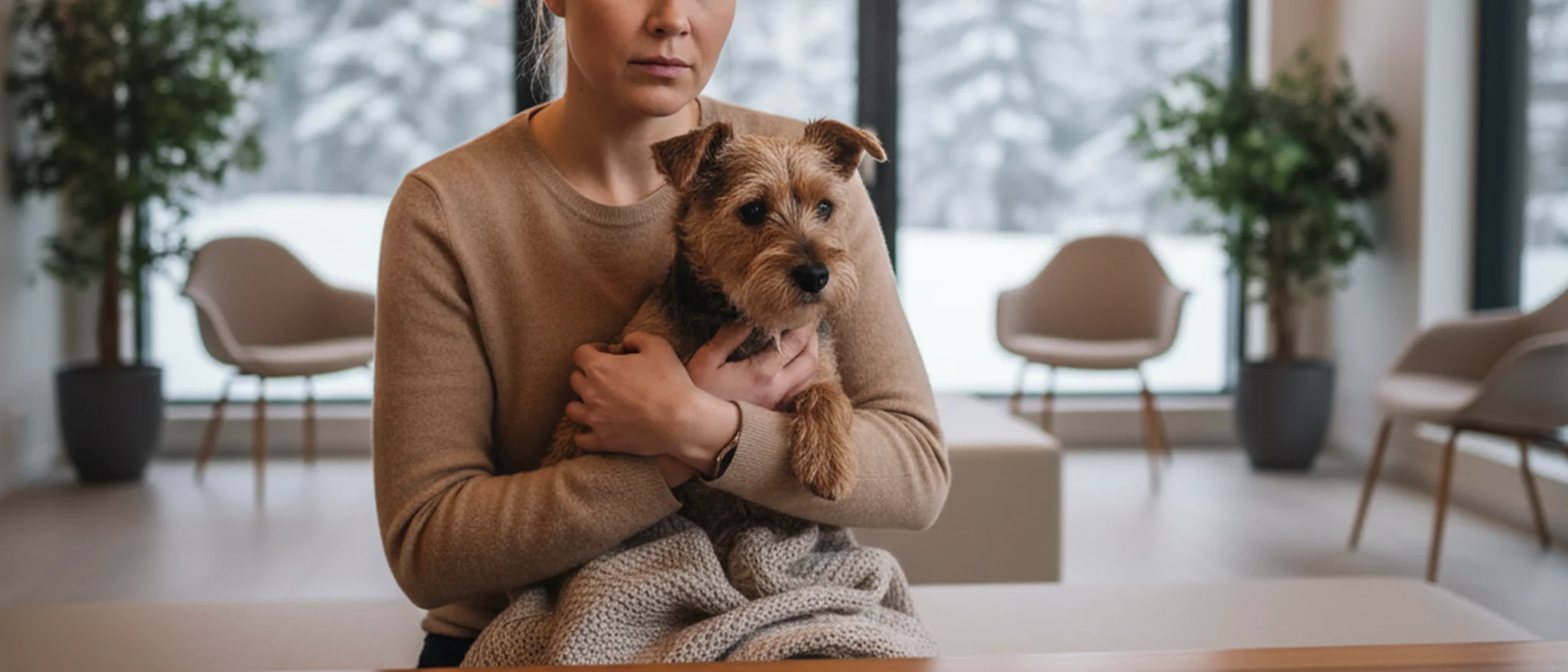 Hundeeier med en terrier i veterinærvaktens venteværelse, forsikringsdokumenter på resepsjonen