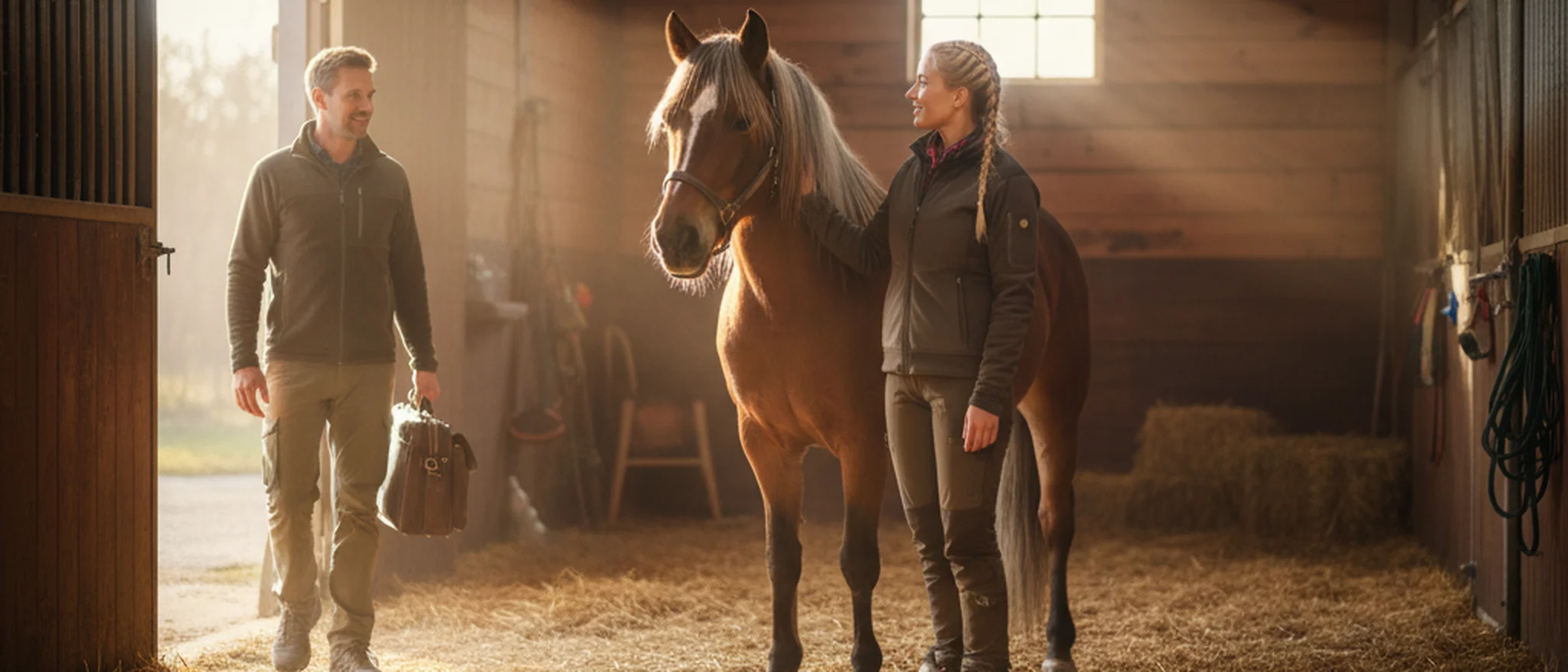 Hesteeier ved siden av en brun hest i en norsk stall, veterinær ankommer med medisinsk bag
