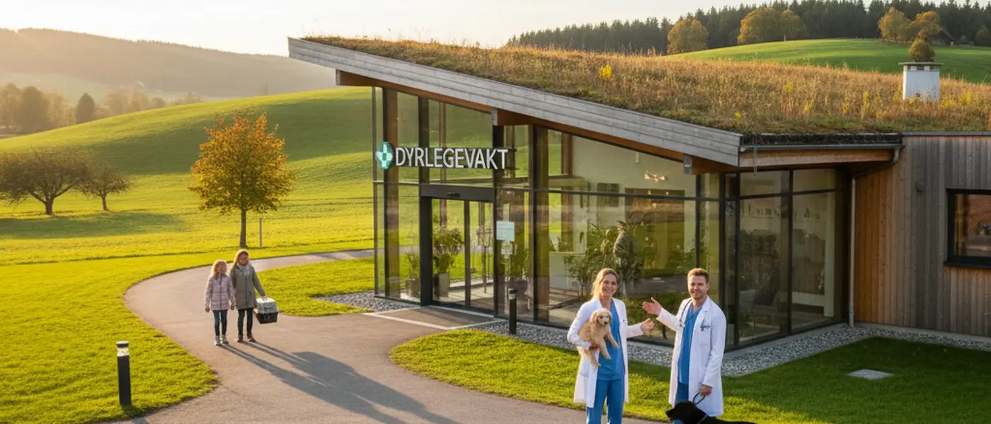 Norsk veterinær undersøker en golden retriever på akuttklinikk om natten