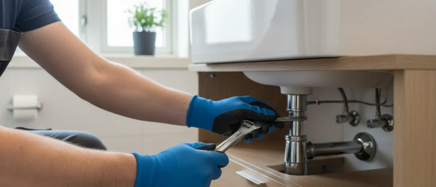 Rørlegger i blå arbeidsklær installerer kobberrør under en kjøkkenvask i en moderne norsk leilighet