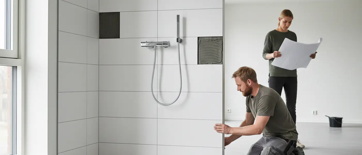 Baderomsrenovering i en norsk leilighet med nye hvite fliser og rørleggerinstallasjon