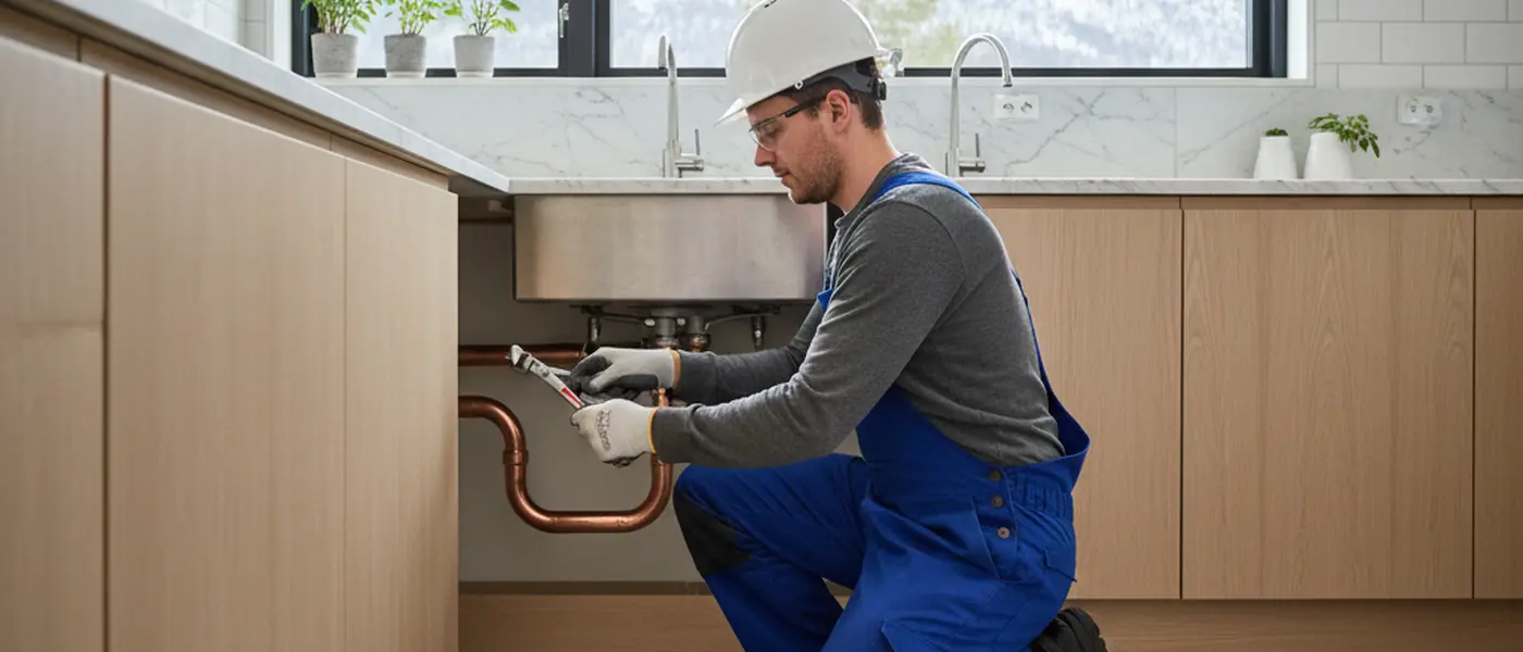 Norsk rørlegger i arbeidsklær installerer kobberrør under en kjøkkenvask i en moderne skandinavisk leilighet