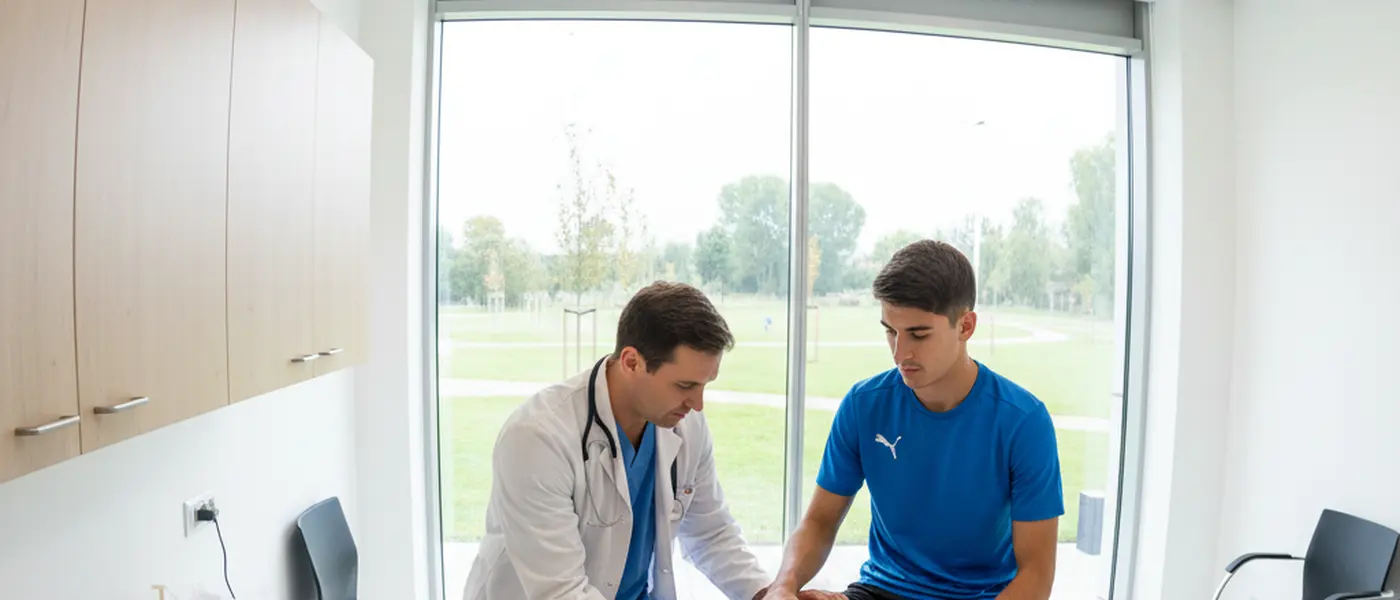 Medico sportivo che esamina il ginocchio di un calciatore in clinica