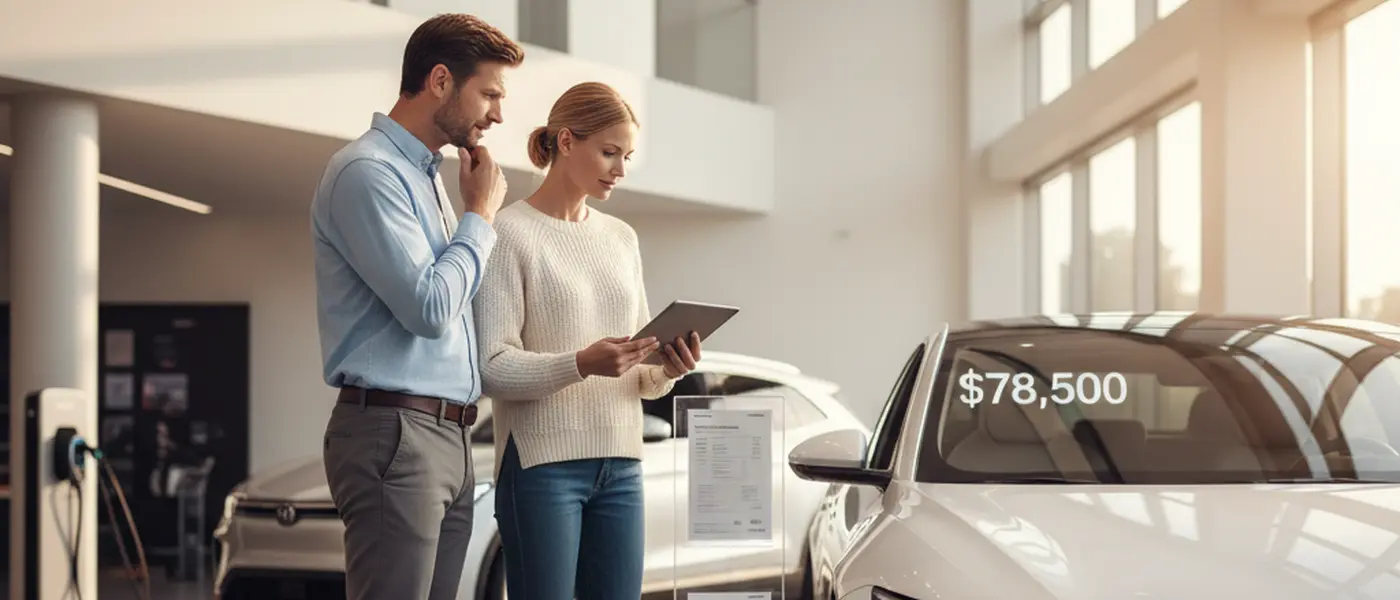 American couple reviewing electric vehicle options at dealership after EV tax credit elimination in 2026