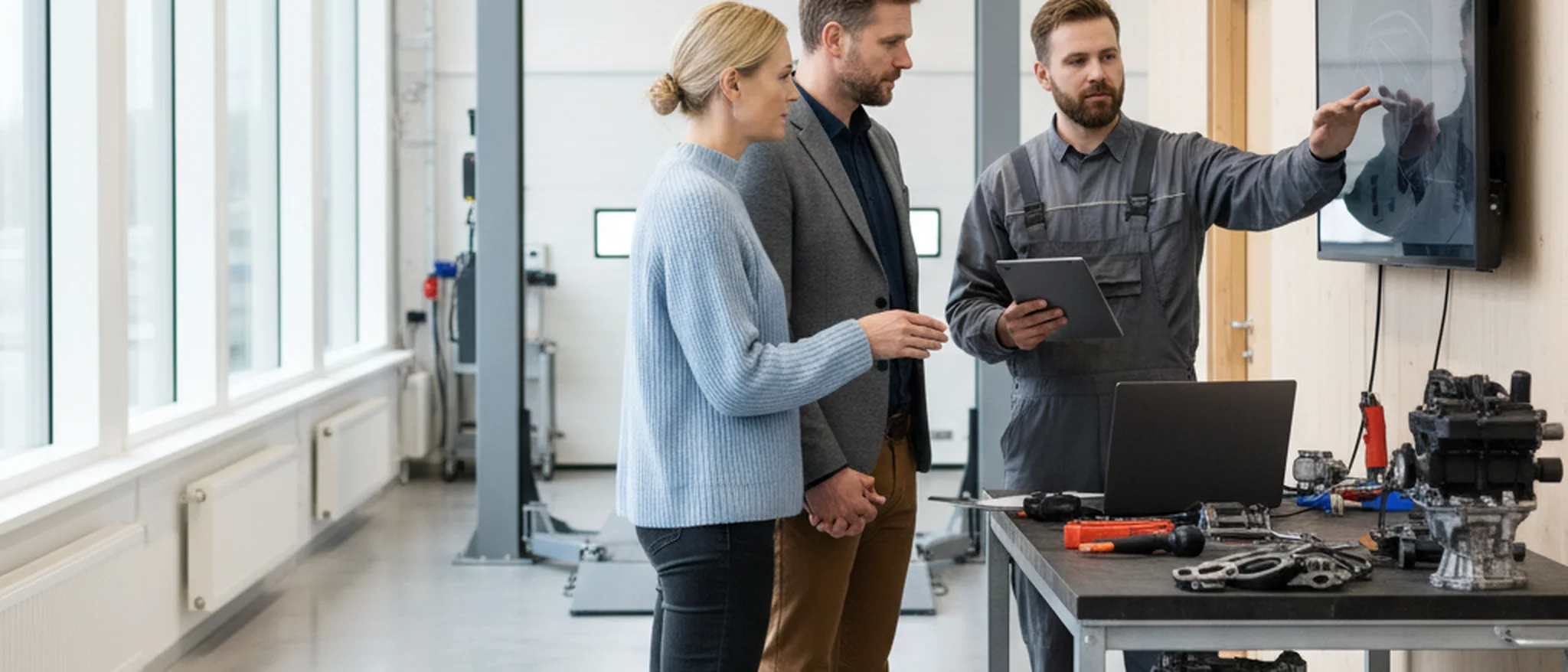 Suomalainen pariskunta keskustelee autokorjaamon kustannuksista mekaanikon kanssa siistissä huoltohallissa