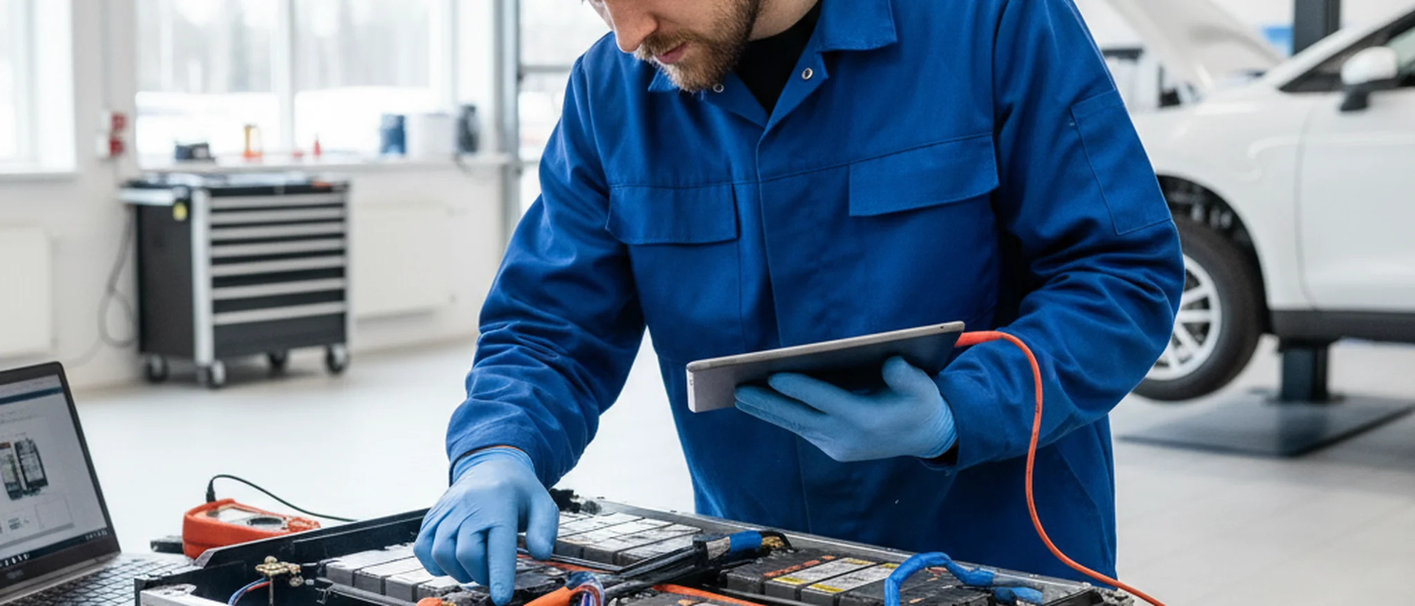 Teknikko tutkii sähköauton akkumoduulia suojakäsineet kädessä autokorjaamossa