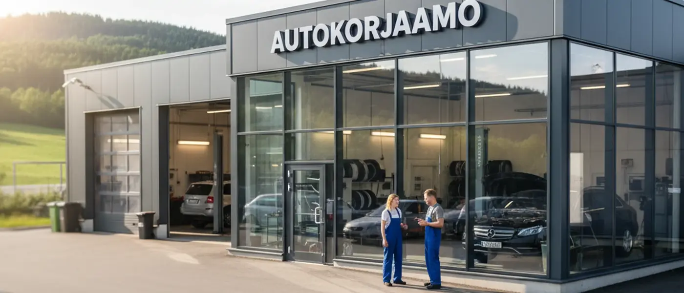 Suomalainen mekaanikko tarkastaa auton alustan nostimella modernissa autokorjaamossa Helsingissä