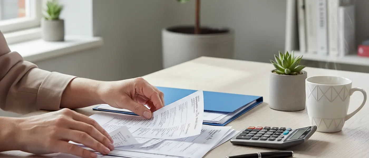 Nærbillede af hænder der gennemgår kvitteringer og skattebilag på et nordisk skrivebord med lommeregner