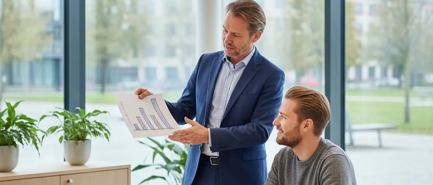 Dansk revisor forklarer en økonomisk oversigt til en ung iværksætter i et lyst skandinavisk mødelokale