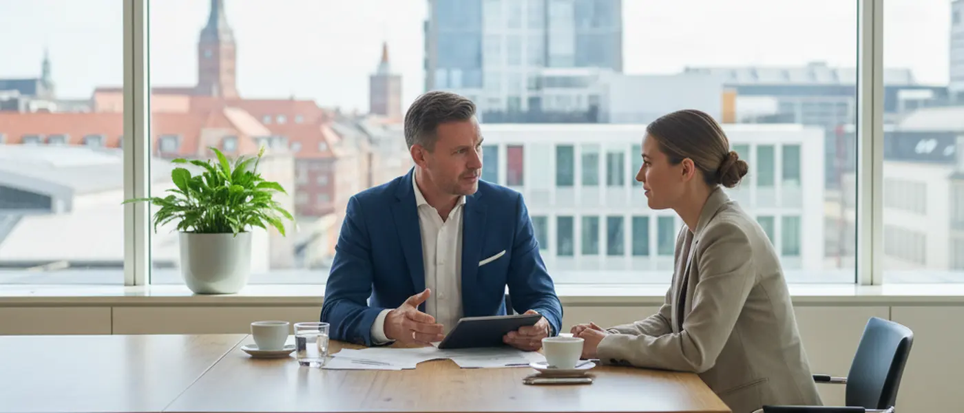 Dansk virksomhedsejer mødes med en professionel revisor ved et skandinavisk skrivebord med dokumenter og laptop