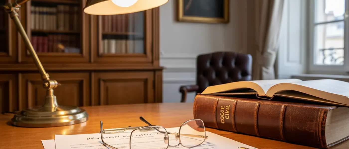 Documents juridiques et Code civil sur un bureau d'avocat éclairé par une lampe en laiton