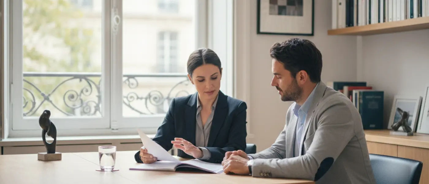 Avocate en droit de la famille recevant un couple dans son cabinet parisien pour une consultation juridique