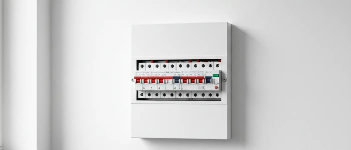 Modernt säkringsskåp med automatsäkringar och jordfelsbrytare i en svensk bostad