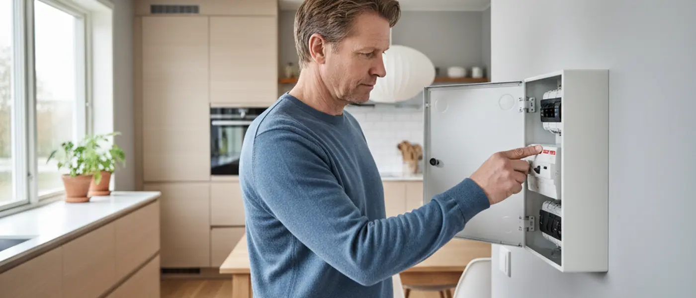 Husägare testar jordfelsbrytare på elcentralen i ett skandinaviskt kök
