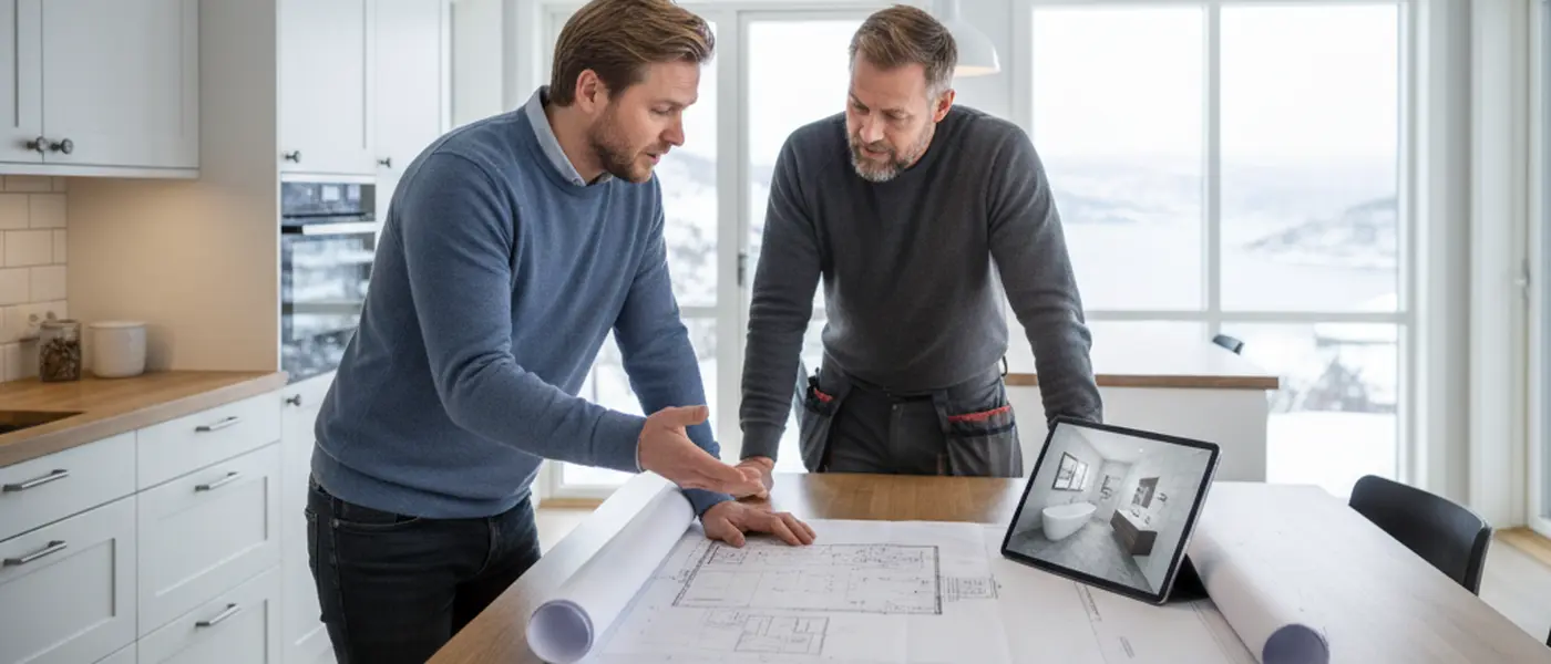 Huseier og rørlegger gjennomgår en baderomstegning ved et kjøkkenbord med nettbrett som viser 3D-planlegging