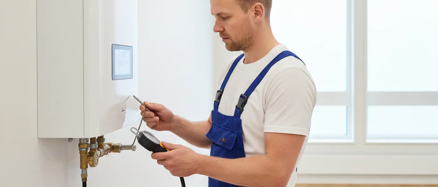 Rørlegger kontrollerer vanntrykk på et moderne varmesystem i en norsk leilighet