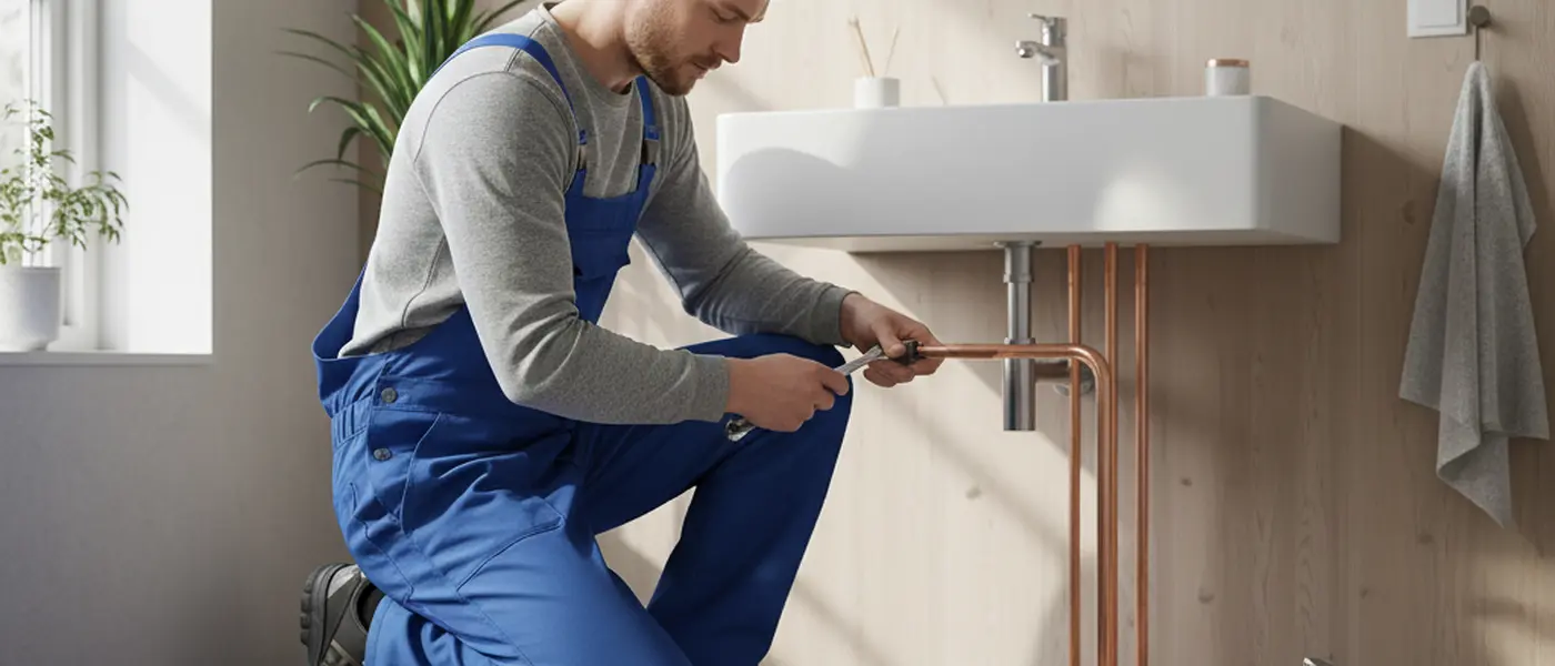 Norsk rørlegger i blå arbeidstøy installerer kobberrør under en moderne vask i et skandinavisk hjem