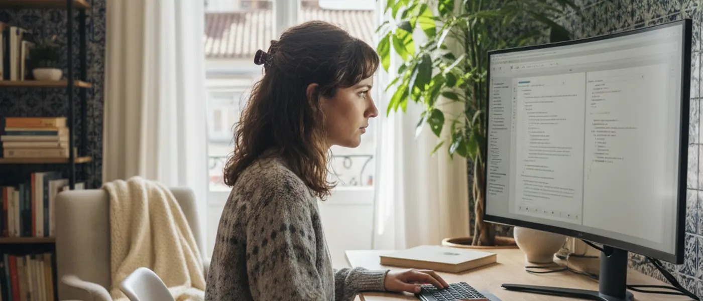 Utilizadora portuguesa a resolver um problema no computador em casa, com mensagens de erro no ecrã