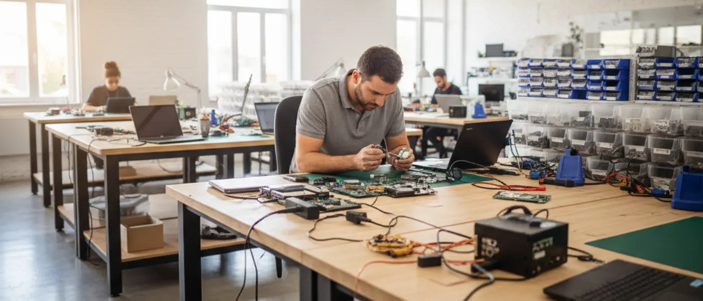 Interior de uma loja de reparação de informática em Portugal com portáteis e componentes na bancada