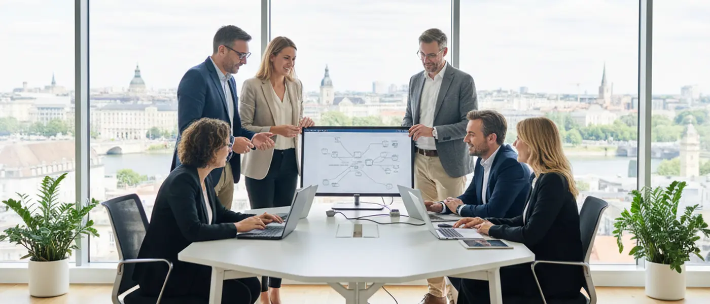 Técnico de informática português a ajudar um cliente remotamente num escritório moderno em Lisboa