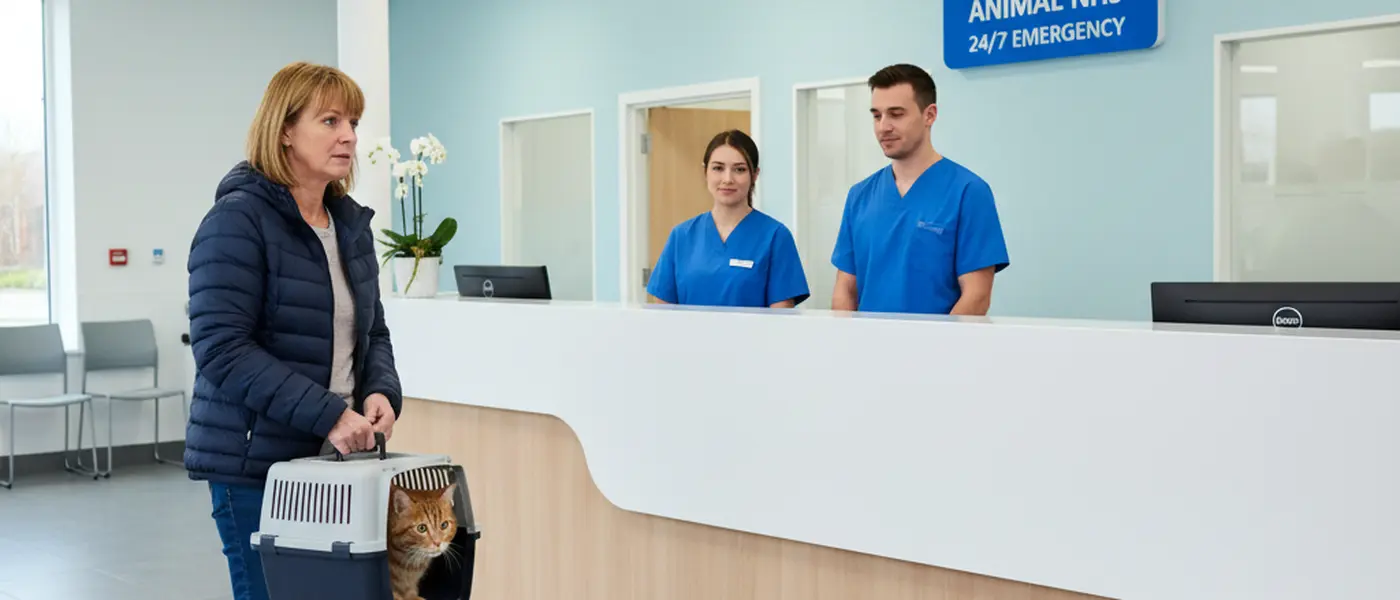 Pet owner arriving at a UK emergency vet clinic reception with a cat in a carrier
