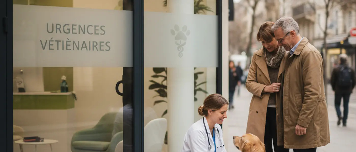 Veterinary surgeon examining a golden retriever on a steel table in a brightly lit emergency clinic at night