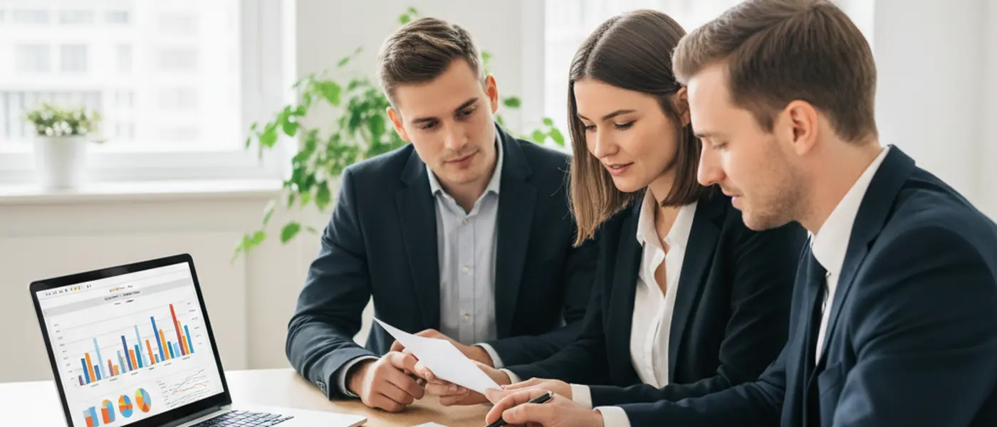 Junges deutsches Paar bespricht Finanzplanung mit einem Berater am Schreibtisch
