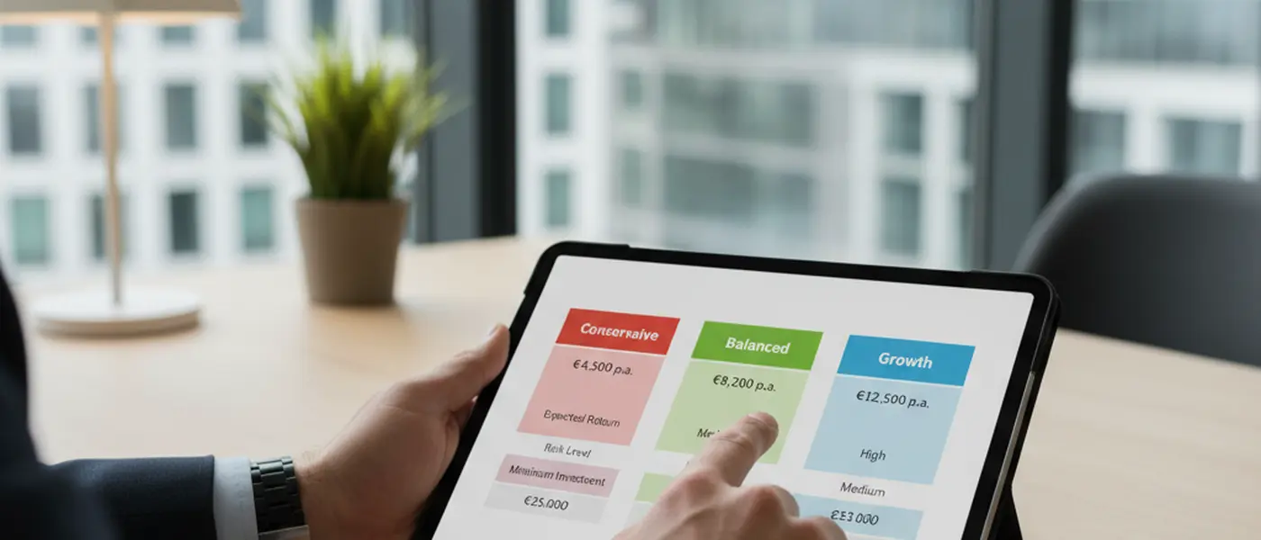 Finanzberater zeigt Vergleichsdiagramm auf einem Tablet mit verschiedenen Anlageoptionen