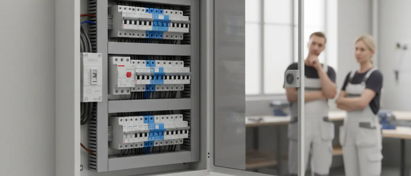 Elcentral med automatsäkringar och jordfelsbrytare i ett modernt svenskt bostadshus