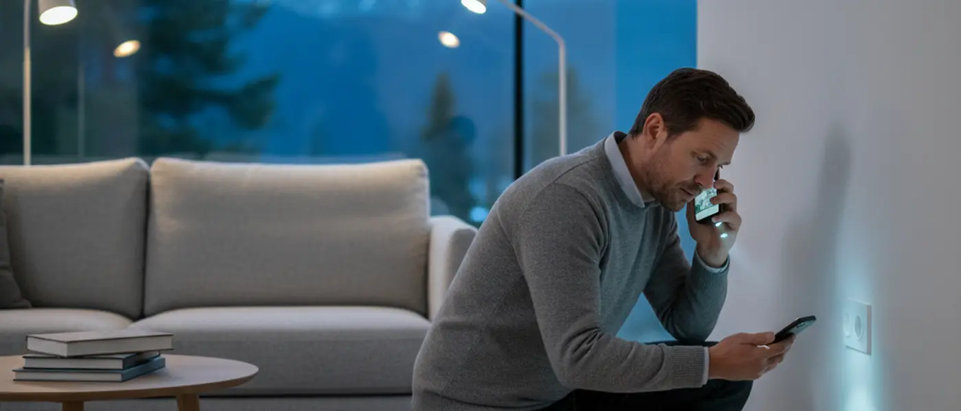 Husägare kontrollerar ett eluttag med ficklampan på mobiltelefonen i ett nordiskt vardagsrum