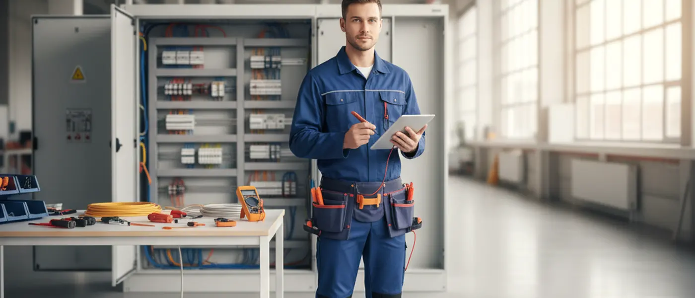 Svensk elektriker i skyddsutrustning inspekterar en elcentral med ficklampa i ett modernt bostadshus på natten